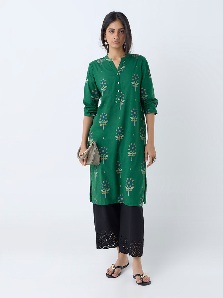 Westside Utsa Women's Green Floral Design Straight Cotton Kurta for Everyday Front view