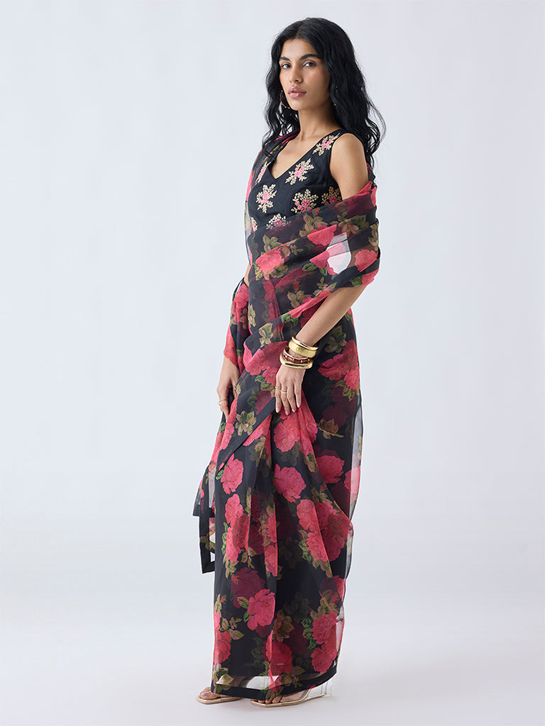 Vark Black Ready-To-Wear Saree with Ethnic Blouse Set