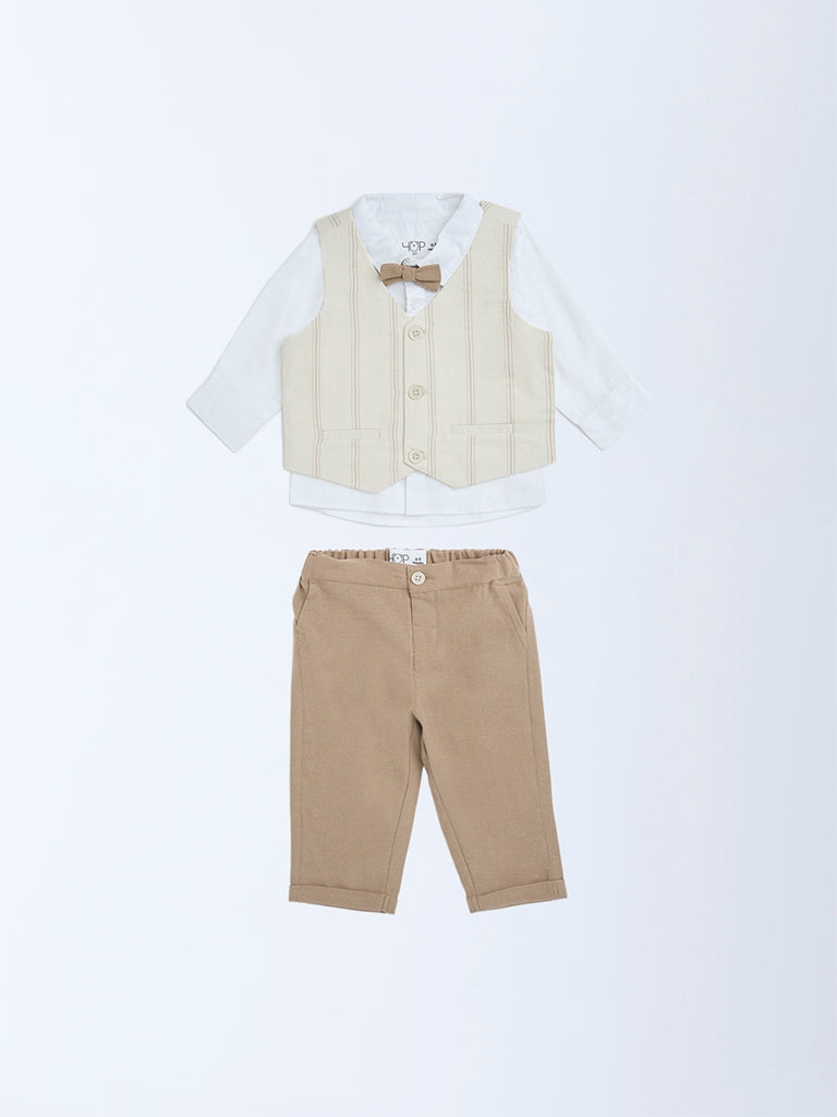 HOP Baby Boys Beige Striped Cotton Waistcoat, Shirt, Trousers and Bow Set