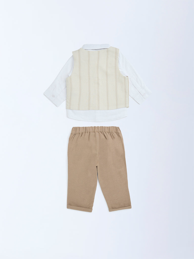 HOP Baby Boys Beige Striped Cotton Waistcoat, Shirt, Trousers and Bow Set