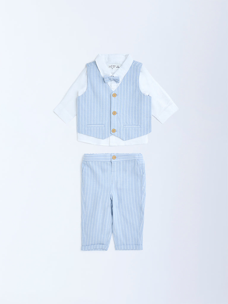 HOP Baby Boys Blue Striped Cotton Waistcoat, Shirt, Pants and Bow Set