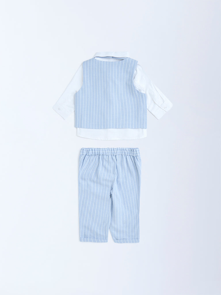 HOP Baby Boys Blue Striped Cotton Waistcoat, Shirt, Pants and Bow Set