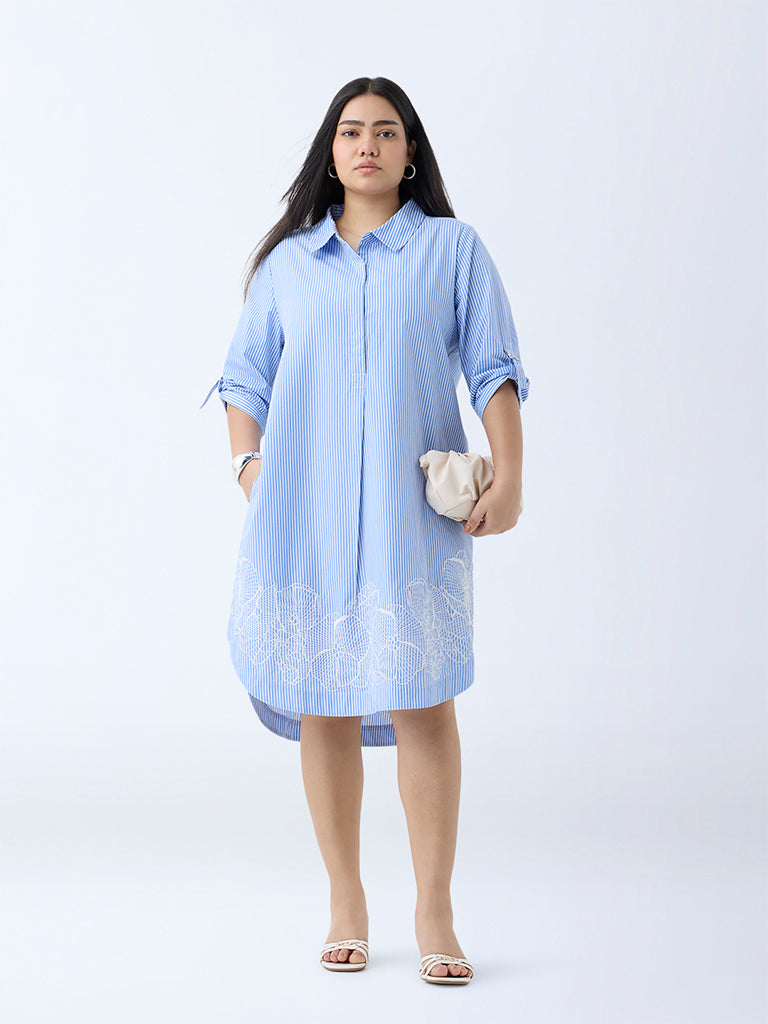 Westside Gia Women's Blue Striped Cotton Tunic Dress for Casual Wear Front view