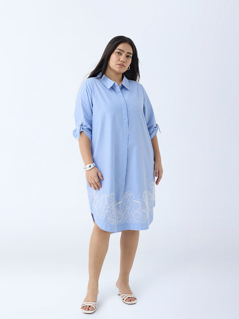 Westside Gia Women's Blue Striped Cotton Tunic Dress for Casual Wear Full View