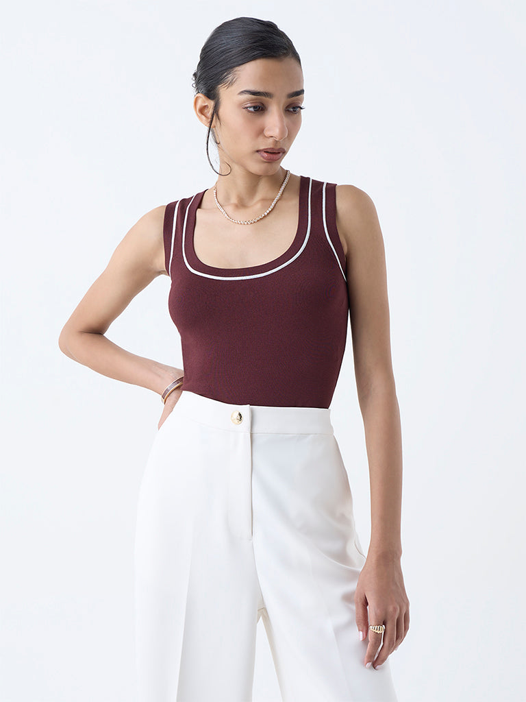 Wardrobe Brown Knit-Textured Tank Top