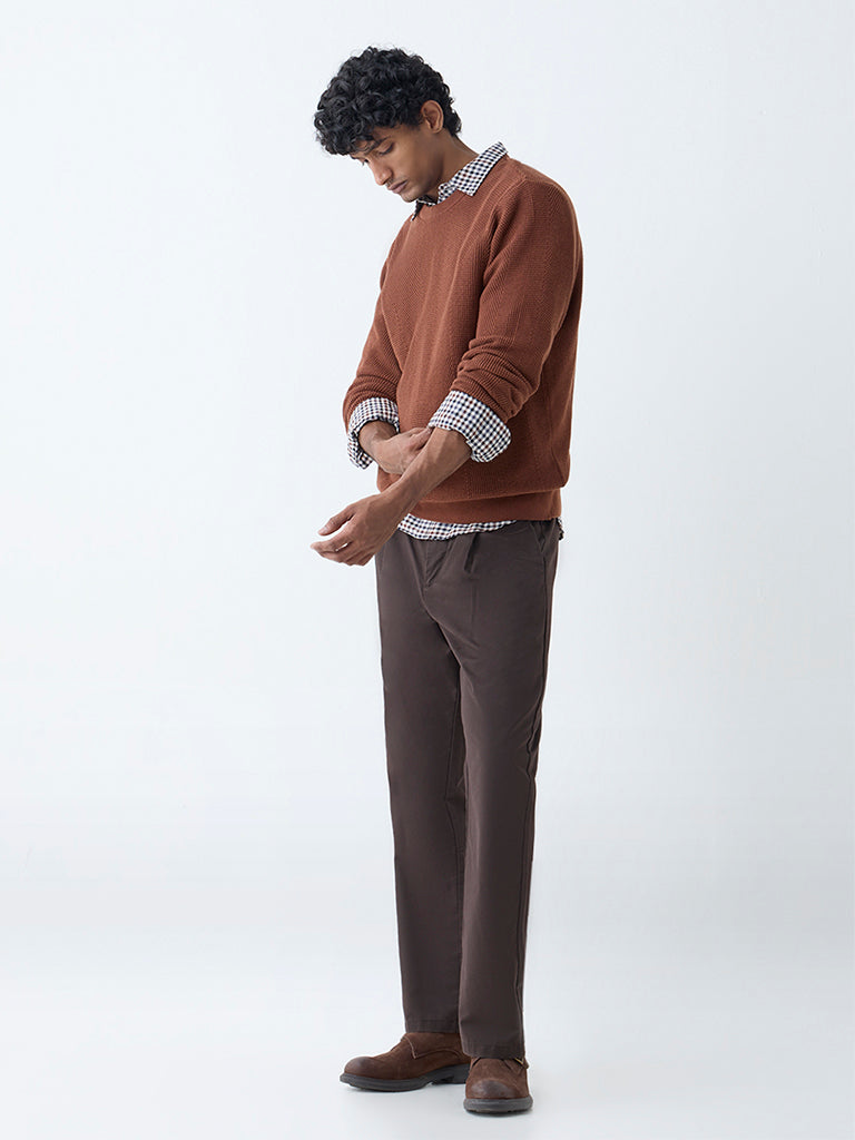 Westside Ascot Men's Brown Knit-Textured Relaxed-Fit Cotton Sweater for Winter Wear Full View