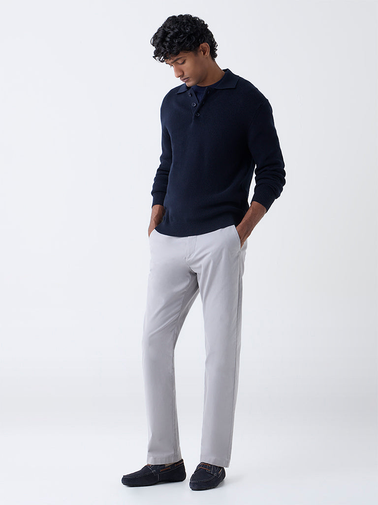 Ascot Navy Knit-Textured Relaxed-Fit Cotton Polo Sweater
