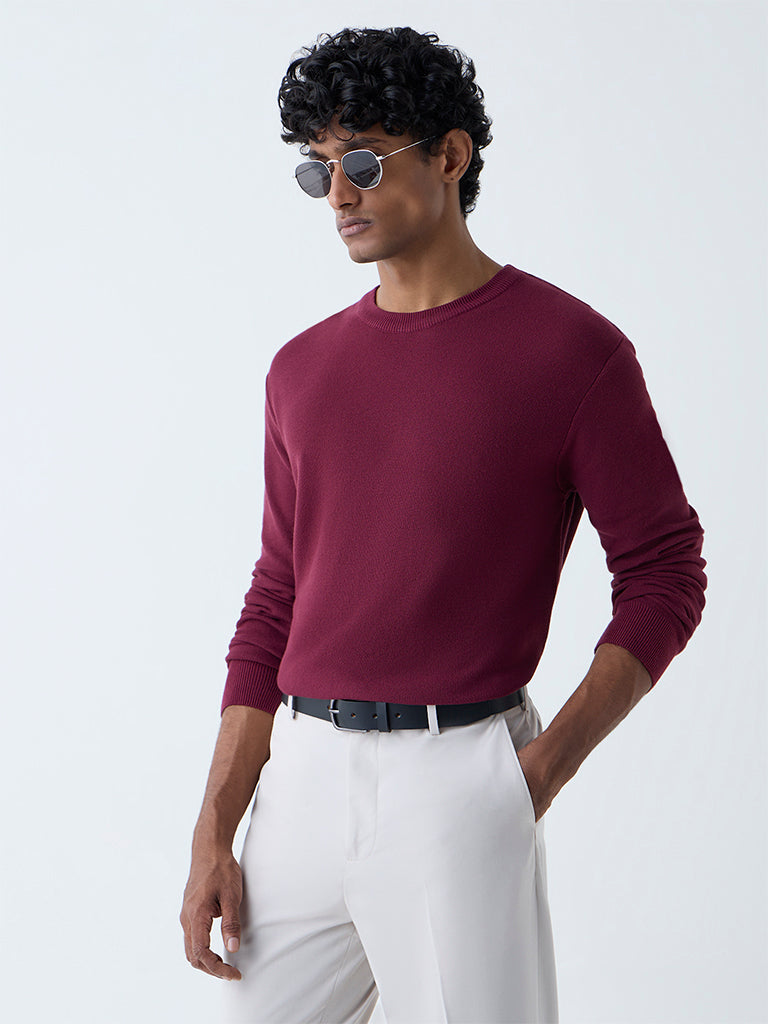 Westside WES Formals Men's Maroon Slim-Fit Sweater for Winter Wear Front view