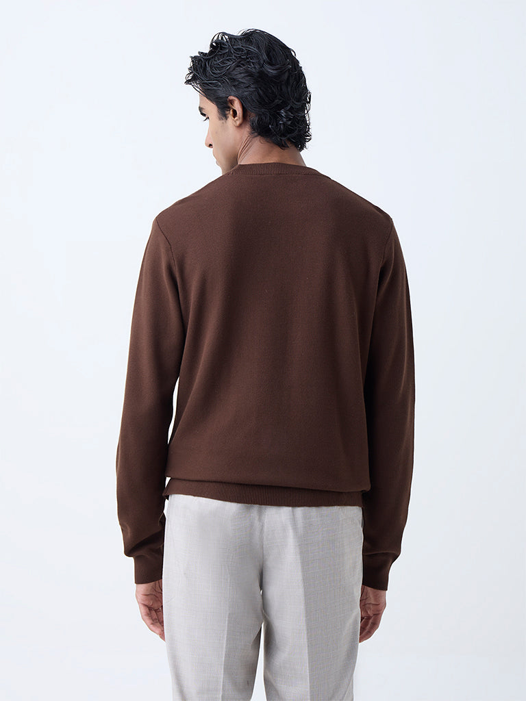 Westside WES Formals Men's Dark Brown Slim-Fit Sweater for Winter Wear Back View