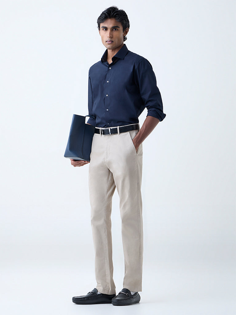 Westside WES Formals Men's Navy Solid Ultra-Slim Fit Cotton-Blend Shirt for Work Wear Full View