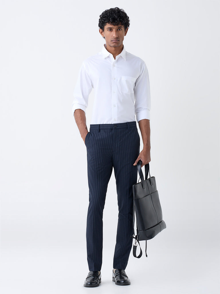WES Formals Navy Pinstriped Slim-Fit Mid-Rise Trousers