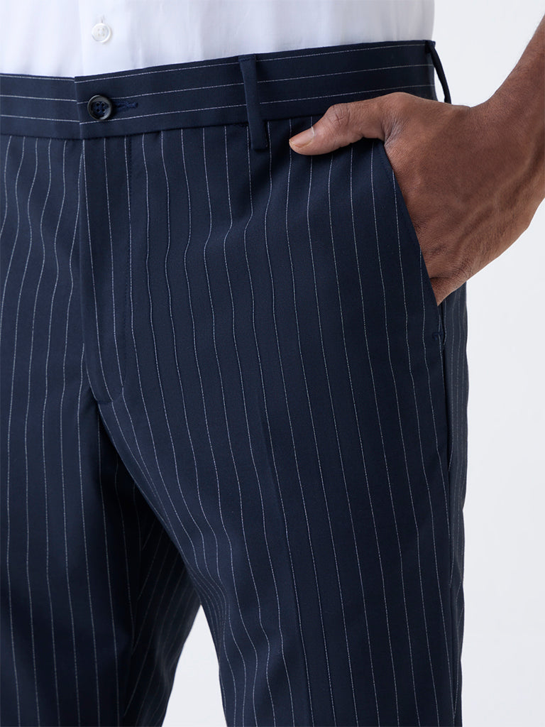 WES Formals Navy Pinstriped Slim-Fit Mid-Rise Trousers