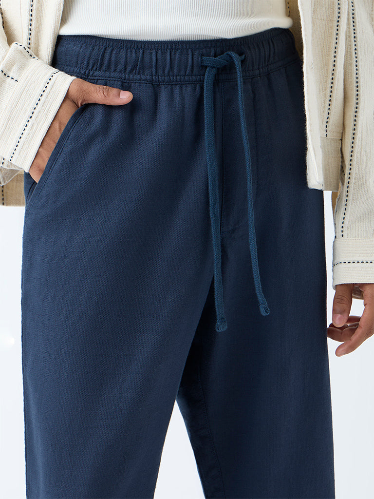 Westside ETA Men's Dark Blue Solid Relaxed-Fit Mid-Rise Cotton Pants for Casual Wear Zoomed View