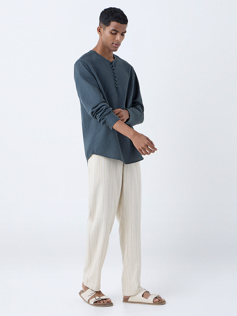 Mens Ethnicwear Dark Teal Relaxed-Fit Cotton-Blend Short Kurta