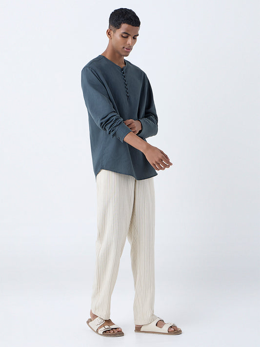 Mens Ethnicwear Dark Teal Relaxed-Fit Cotton-Blend Short Kurta