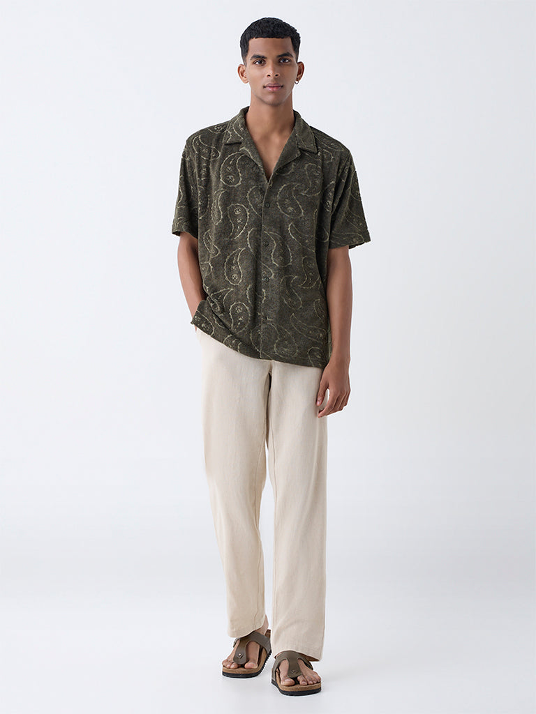 ETA Olive Paisley Relaxed-Fit Cotton-Blend Shirt