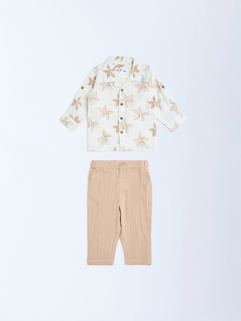 HOP Baby Boys Beige Floral Design Cotton Shirt and Trousers Set