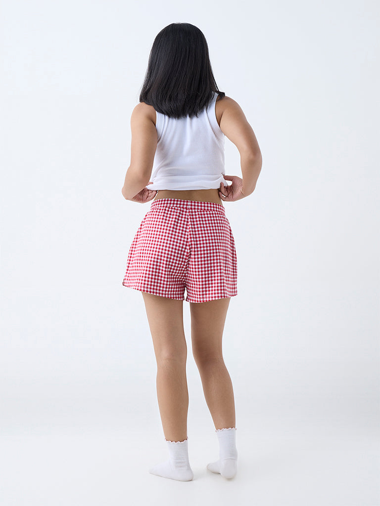 Westside Superstar Women's Red Gingham Checkered Cotton-Blend Shorts for Casual Wear Back View