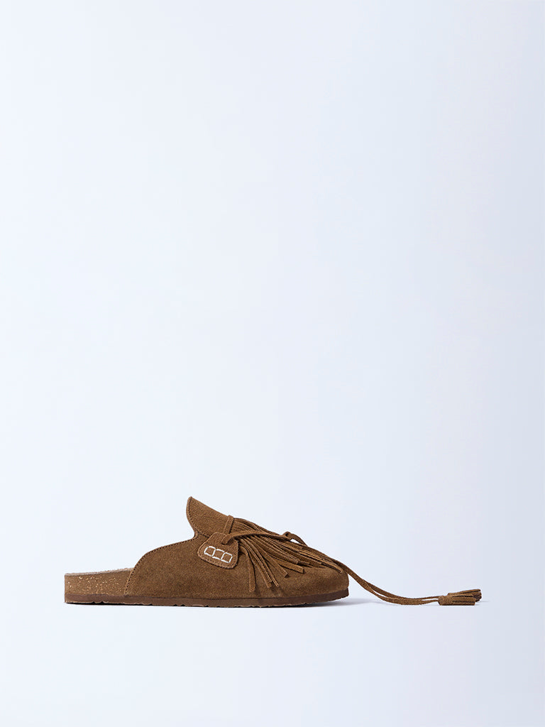 LUNA BLU Tan Fringe Detailed Suede Slip-On Shoes