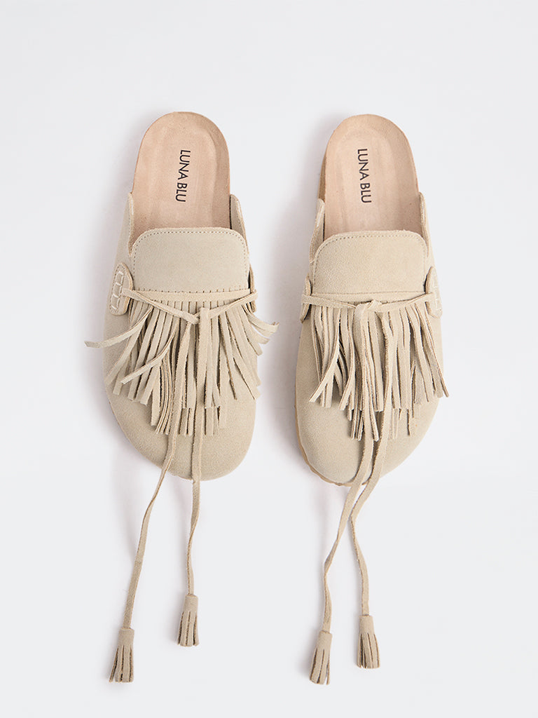 LUNA BLU Ivory Fringe-Detailed Mules