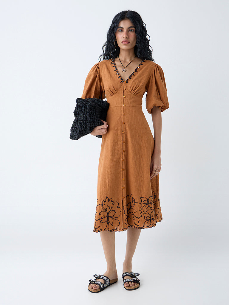 Westside Bombay Paisley Women's Tan Floral Design Cotton A-Line Dress for Everyday Front view