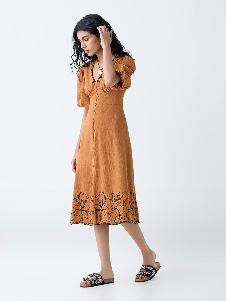 Westside Bombay Paisley Women's Tan Floral Design Cotton A-Line Dress for Everyday Full View