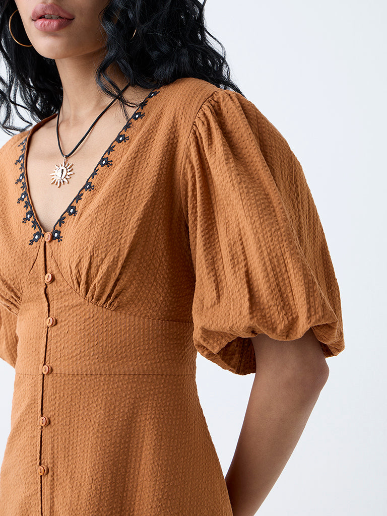 Westside Bombay Paisley Women's Tan Floral Design Cotton A-Line Dress for Everyday Zoomed View