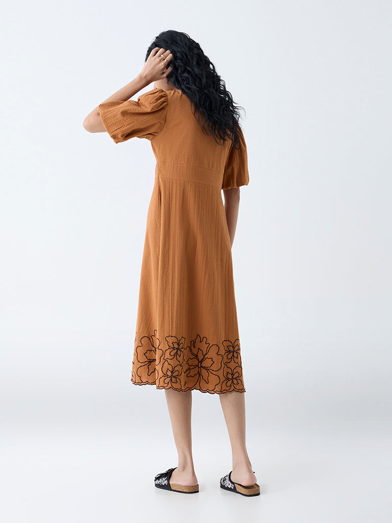 Westside Bombay Paisley Women's Tan Floral Design Cotton A-Line Dress for Everyday Back View