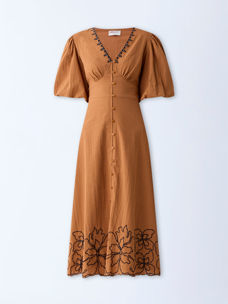 Westside Bombay Paisley Women's Tan Floral Design Cotton A-Line Dress for Everyday Flatlay