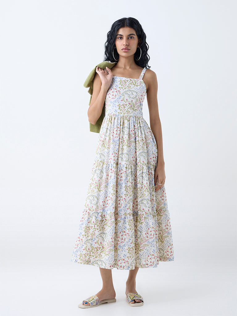 Westside Bombay Paisley Women's Off-White Cotton Tiered Dress with Jacket for Everyday Front view