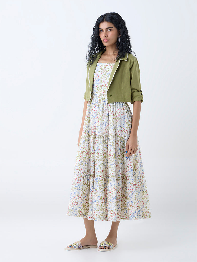 Westside Bombay Paisley Women's Off-White Cotton Tiered Dress with Jacket for Everyday Full View