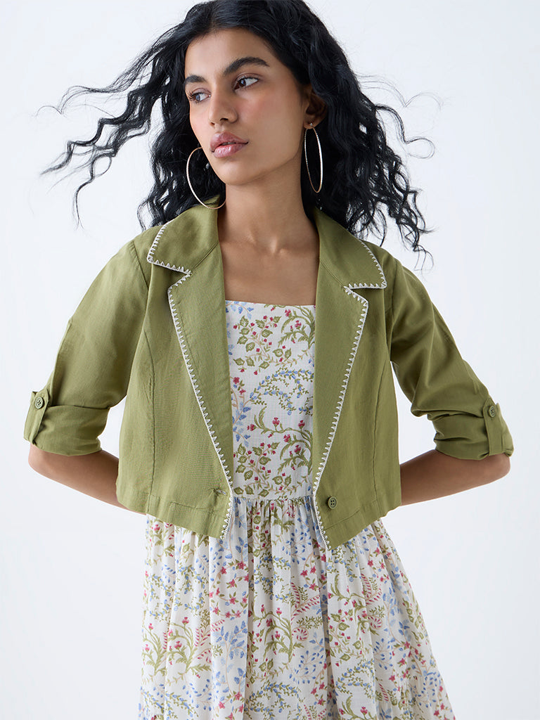 Westside Bombay Paisley Women's Off-White Cotton Tiered Dress with Jacket for Everyday Zoomed View