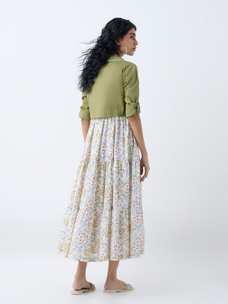 Westside Bombay Paisley Women's Off-White Cotton Tiered Dress with Jacket for Everyday Back View