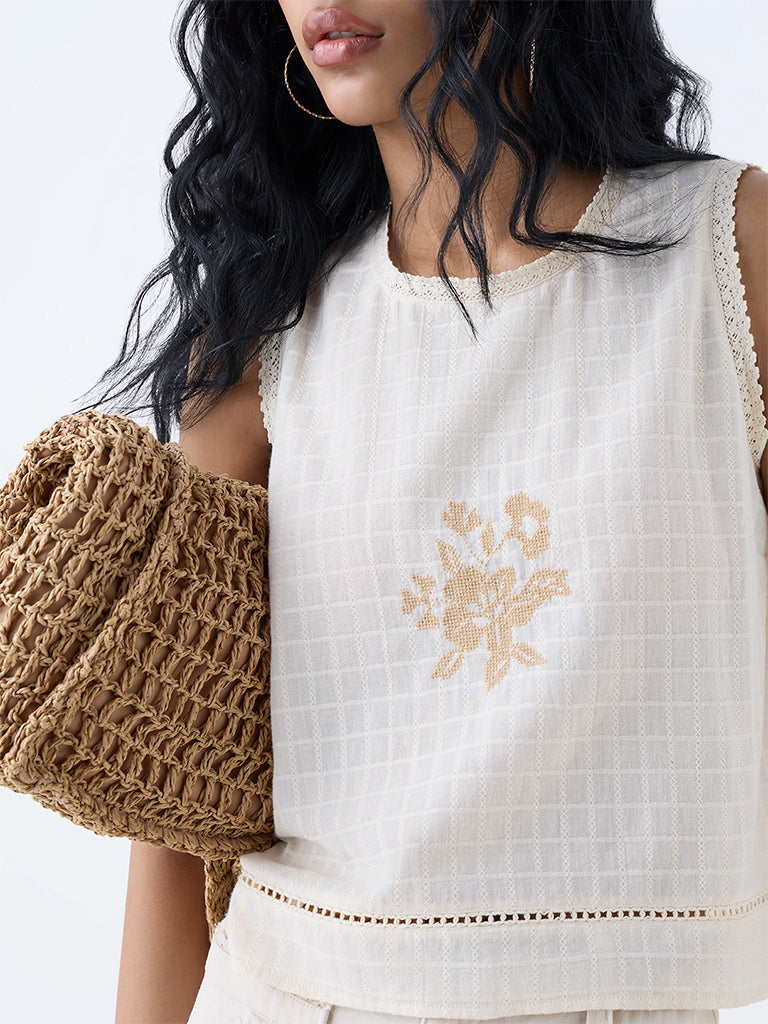 Westside Bombay Paisley Women's Off-White Floral Embroidered Cotton Top for Everyday Zoomed View