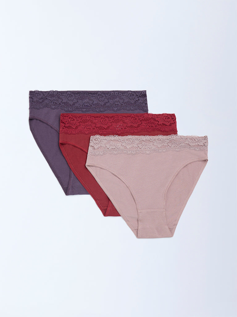 Wunderlove 3-Pack Lace Hi-Leg Cotton-Blend Briefs