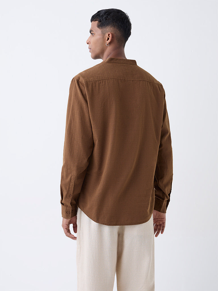 ETA Brown Self-Patterned Relaxed-Fit Cotton-Blend Shirt