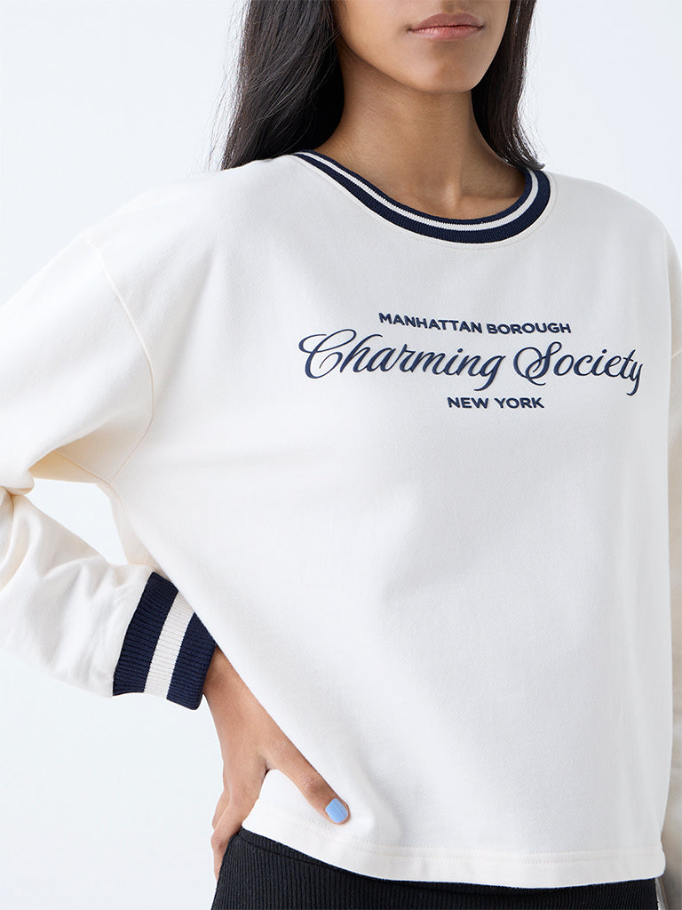 Westside Studiofit Women's Cream Text Detailed Cotton Sweatshirt for Winter Wear Zoomed View