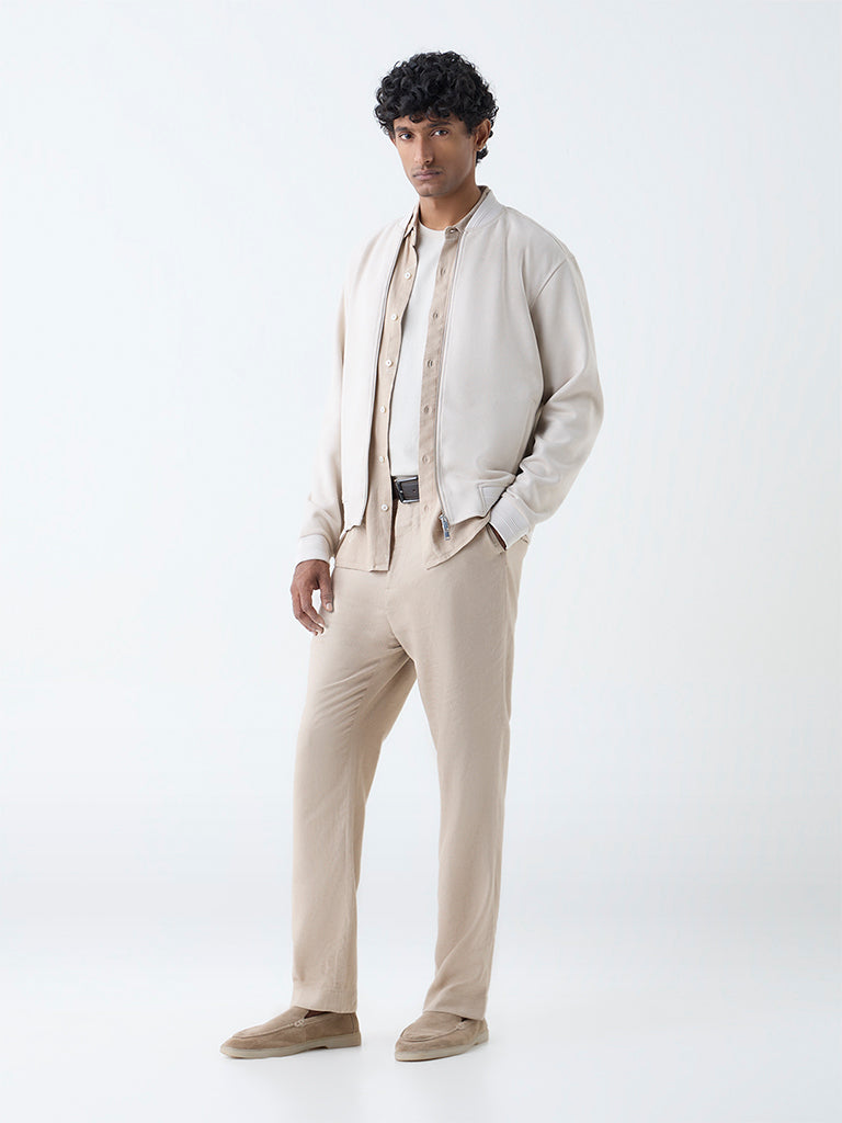 Westside Ascot Men's Off-White Solid Relaxed-Fit Suede Jacket for Casual Wear Full View