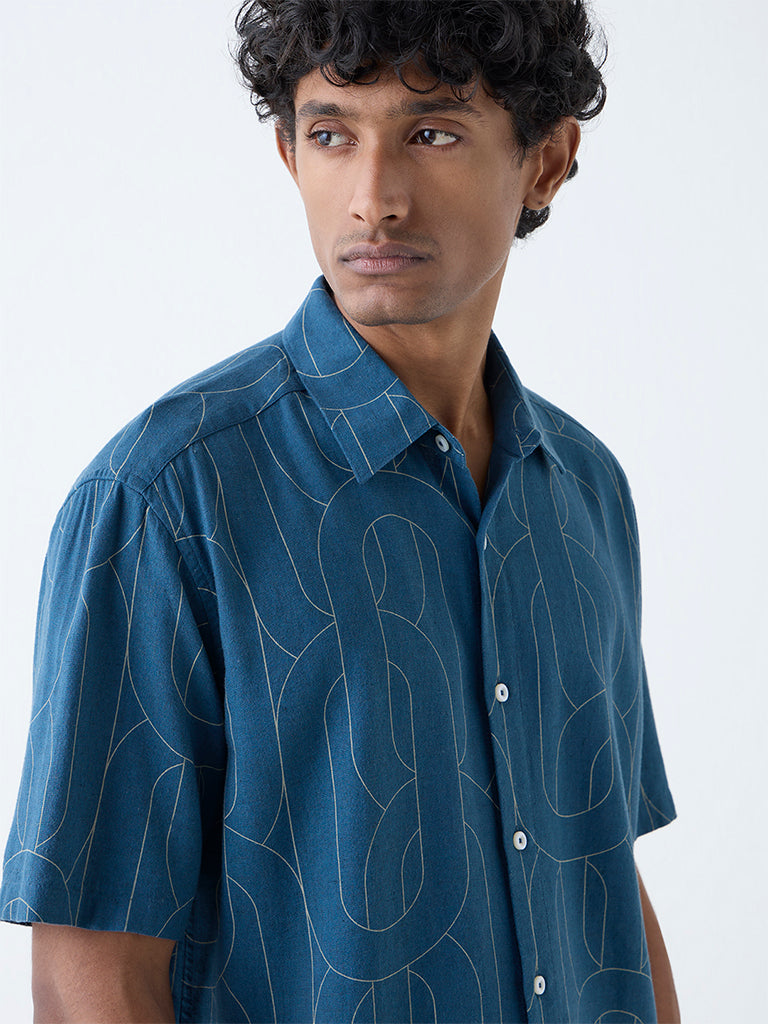 Westside Ascot Men's Teal Abstract Design Relaxed-Fit Shirt for Casual Wear Zoomed View