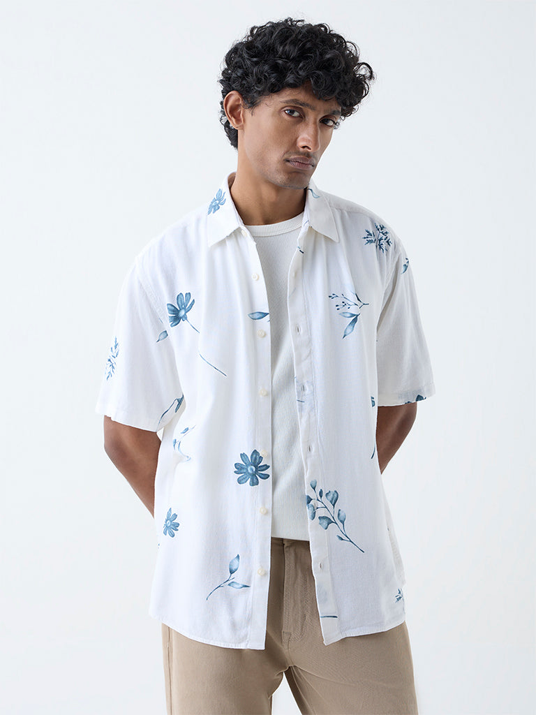Westside Ascot Men's White Floral Design Relaxed-Fit Shirt for Casual Wear Front view