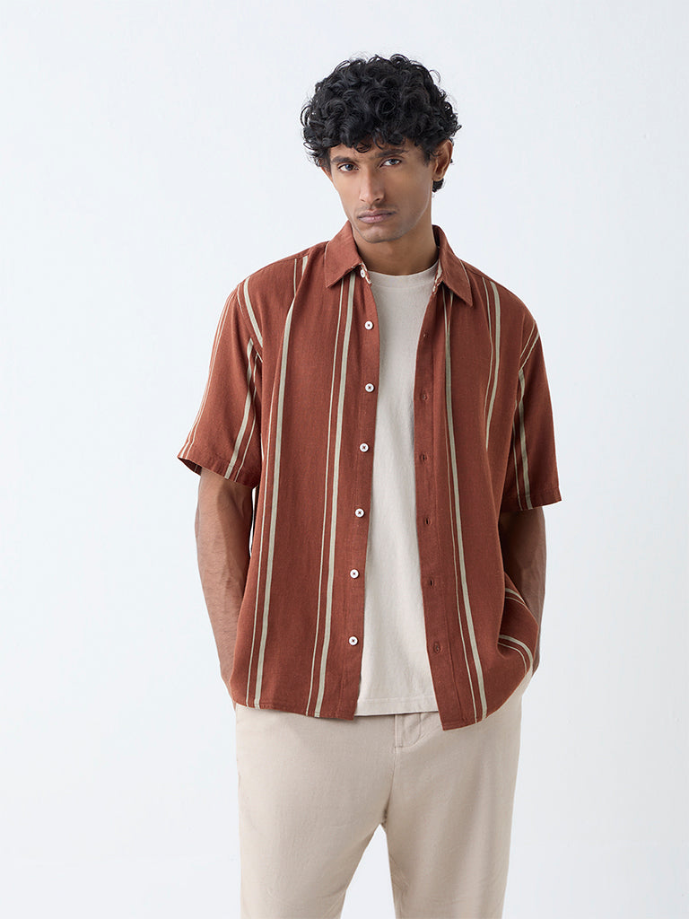 Westside Ascot Men's Rust Stripe Relaxed-Fit Shirt for Casual Wear Front view
