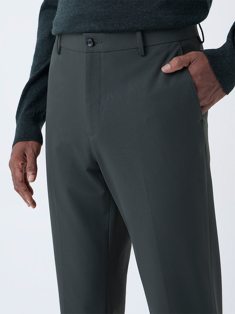 WES Formals Dark Green Solid Slim-Fit Mid-Rise Trousers