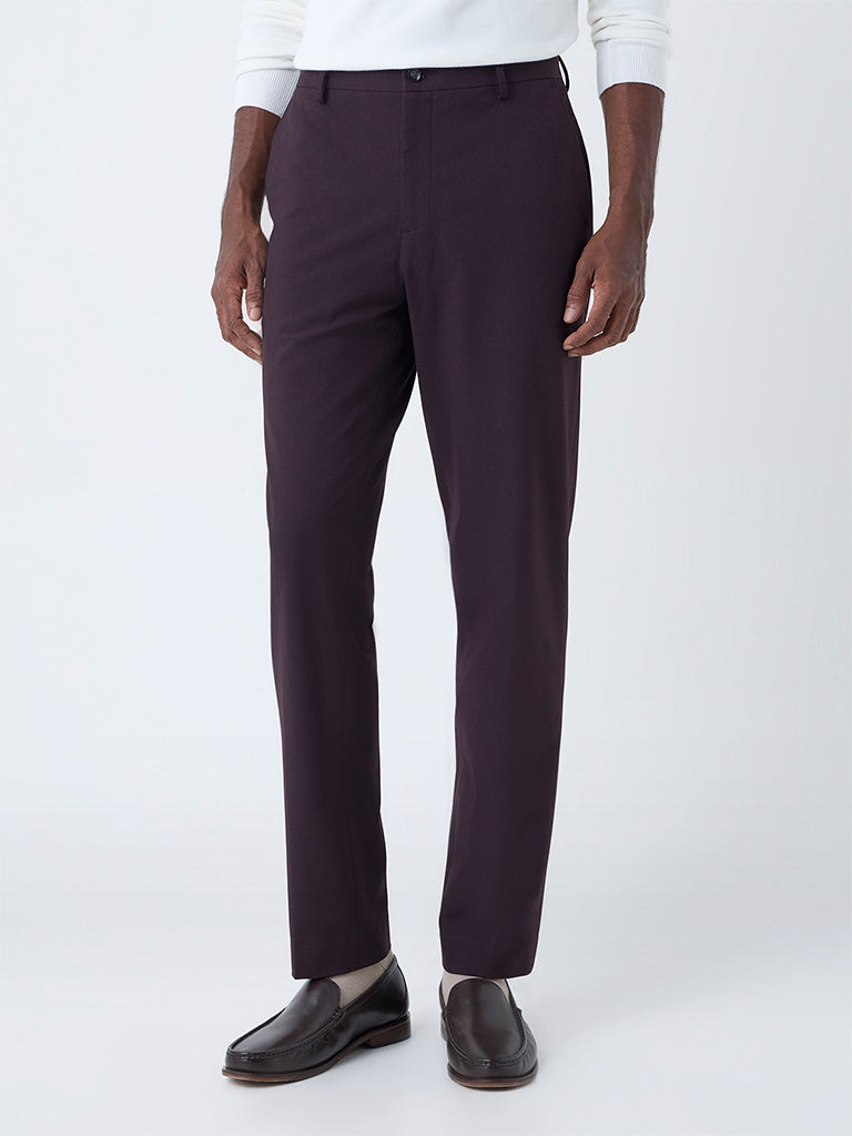 WES Formals Wine Solid Slim-Fit Mid-Rise Trousers