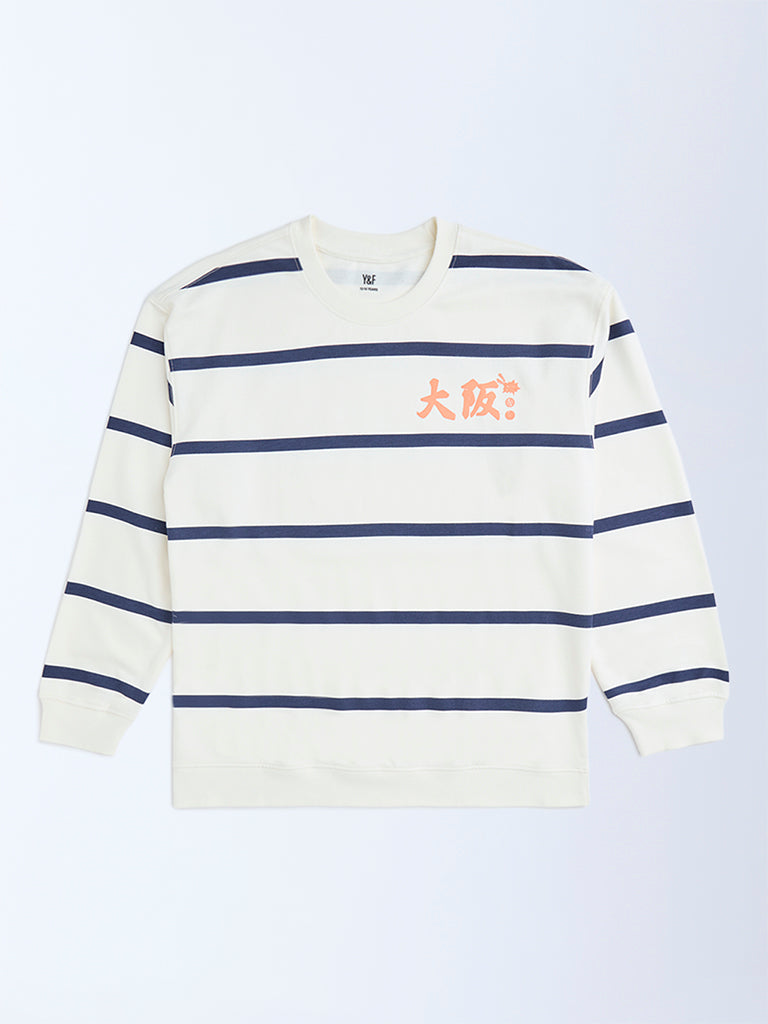 Y&F Kids Boys Off-White Striped Cotton-Blend Sweatshirt