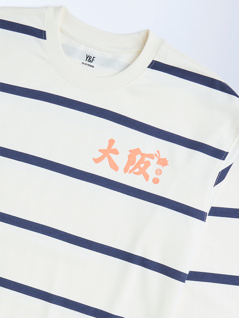 Y&F Kids Boys Off-White Striped Cotton-Blend Sweatshirt