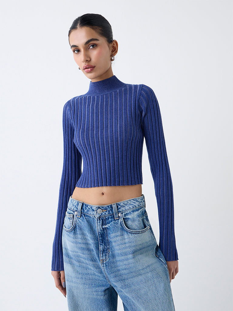 Nuon Blue Ribbed-Textured Top
