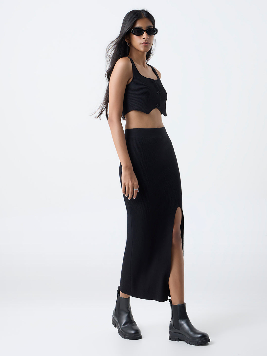 Nuon Black Ribbed-Textured Top