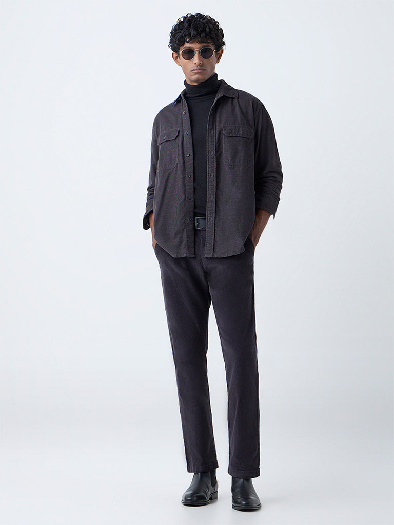 WES Casuals Dark Grey Relaxed-Fit Mid-Rise Corduroy Chinos