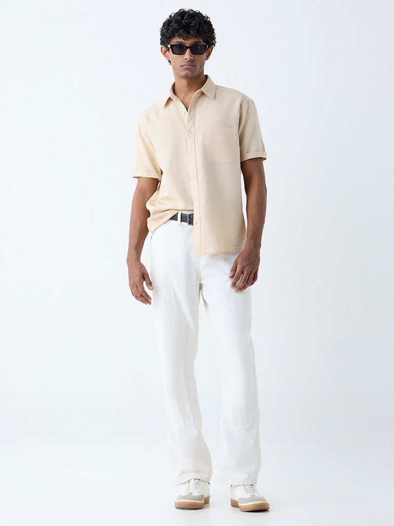 Westside WES Casuals Men's Beige Solid Relaxed-Fit Linen-Blend Shirt for Casual Wear Full View