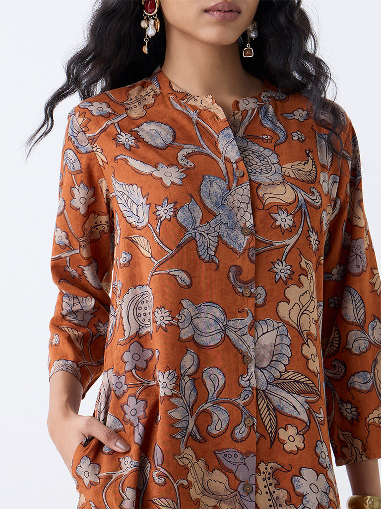 Utsa Orange Floral Detailed A-Line Kurta